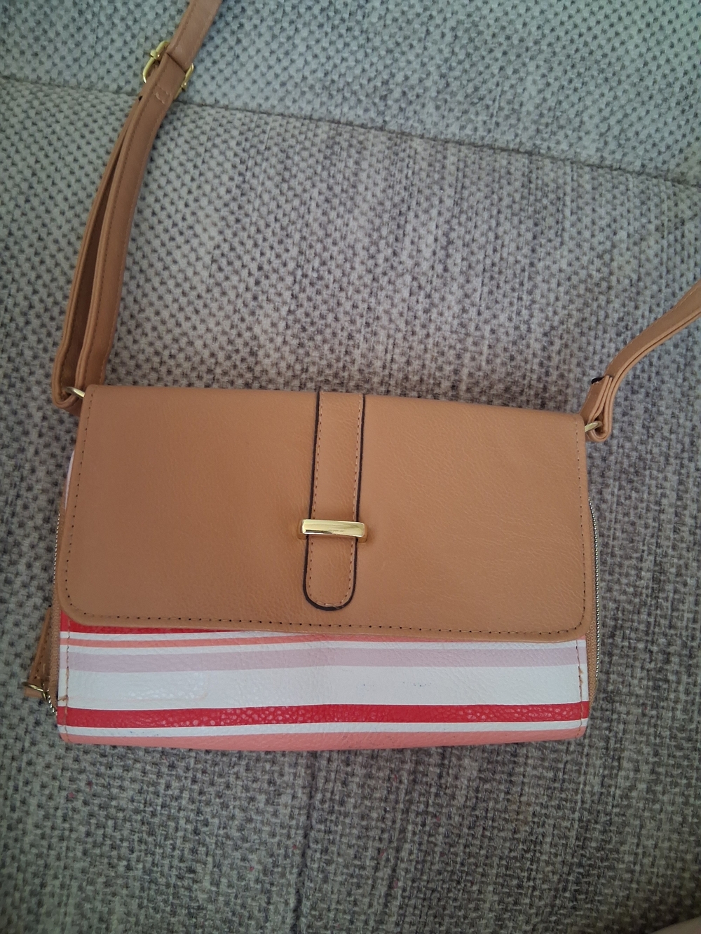 Tan Crossbody Shoulder Bag Purse Faux Leather with Pink & White Stripe Accent